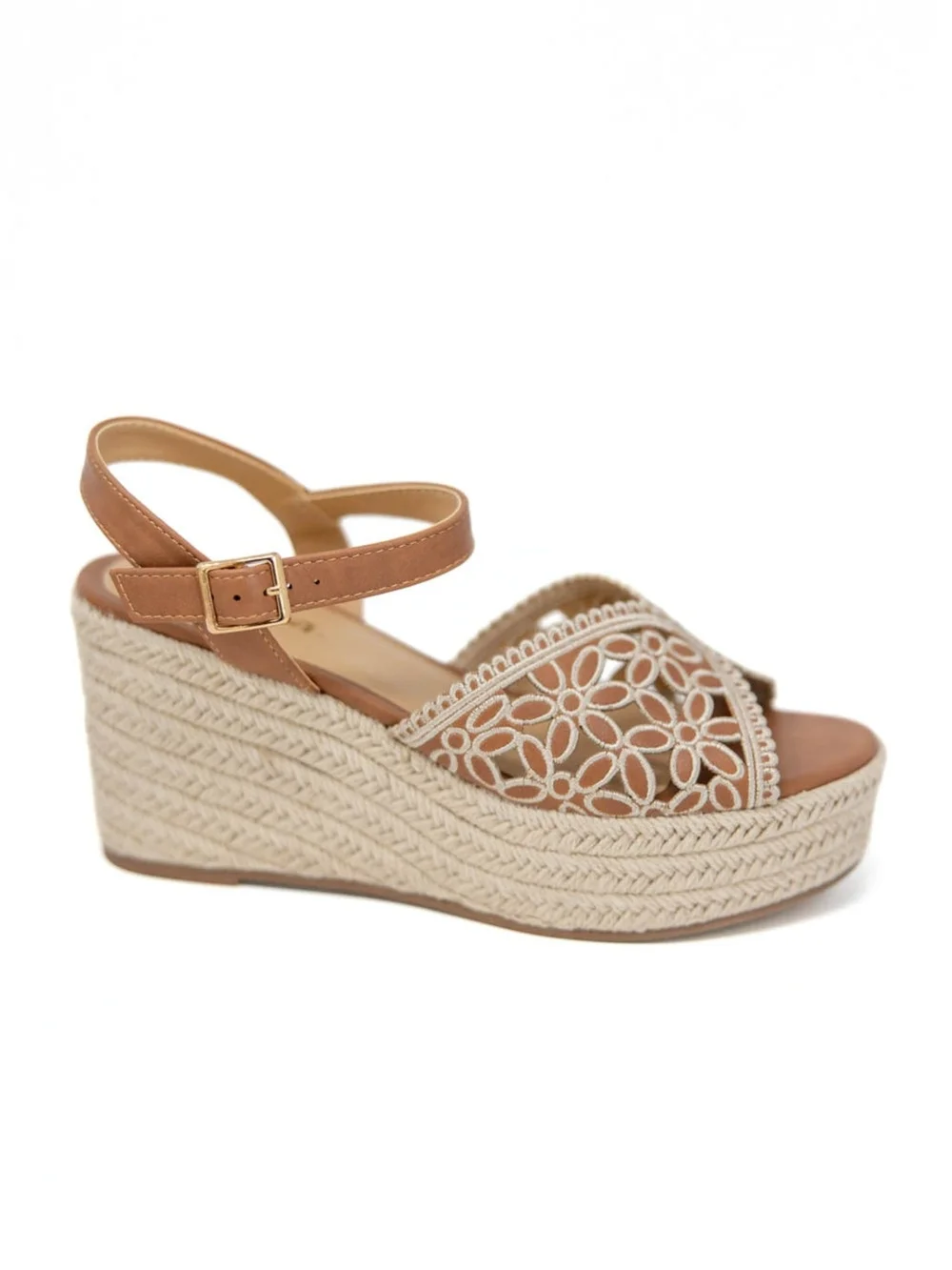 Soda Espadrille Wedges Tan Ankle Strap and White Flora Size 8½